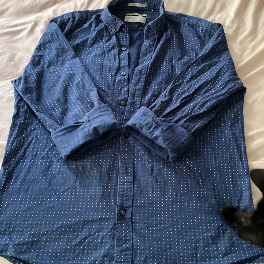 Blue button down with while polka dots
